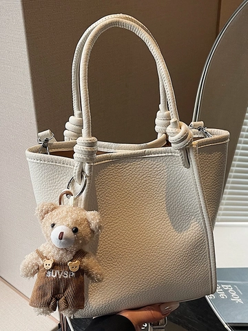 Women Fashion Litchi Texture PU Leather Small Square Shoulder Bag With Knot Handle And Bear Charm Commuter Crossbody Bag