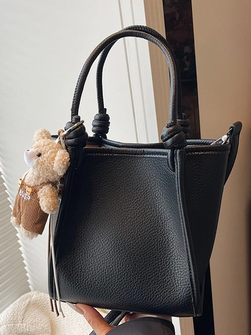 Women Fashion Litchi Texture PU Leather Small Square Shoulder Bag With Knot Handle And Bear Charm Commuter Crossbody Bag