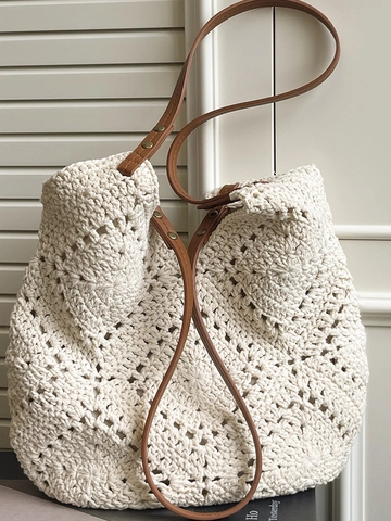 Damen Handgewebte Häkel-Tragetasche Wollgarn Ajouré Strick-Schultertasche Böhmischer Stil Meer Strand Urlaub Hobo Tasche