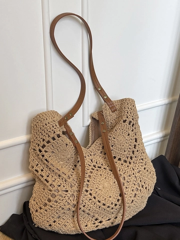 Damen Handgewebte Häkel-Tragetasche Wollgarn Ajouré Strick-Schultertasche Böhmischer Stil Meer Strand Urlaub Hobo Tasche