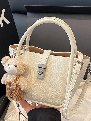 Women Fashion PU Leather Litchi Texture Bucket Bag Minimalist Shoulder Crossbody Bag With Plush Bear Charm Metal Lock Handbag
