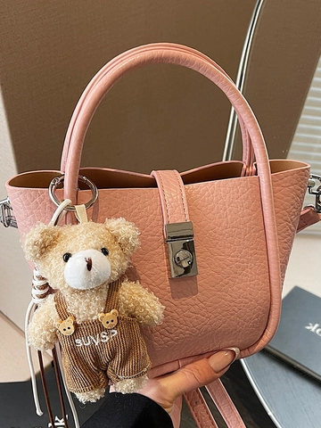 Women Fashion PU Leather Litchi Texture Bucket Bag Minimalist Shoulder Crossbody Bag With Plush Bear Charm Metal Lock Handbag
