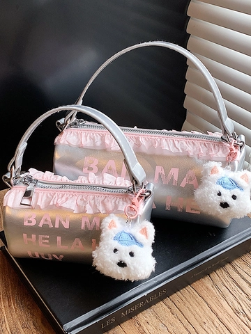 Bolso de Hombro Cilíndrico de Cuero PU para Mujer Vintage Dulce Volantes Impresión de Letras Bolso Bandolera Con Llavero Peluche