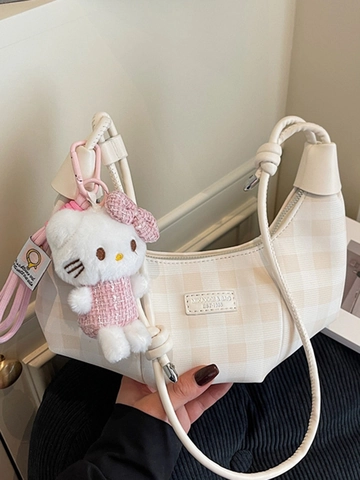 Koreanischer Stil Karomuster Halbmond Umhängetasche PU Leder Hobo Unterarmtasche Für Damen Alltag Pendeln Gittermuster Tasche