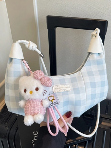 Koreanischer Stil Karomuster Halbmond Umhängetasche PU Leder Hobo Unterarmtasche Für Damen Alltag Pendeln Gittermuster Tasche
