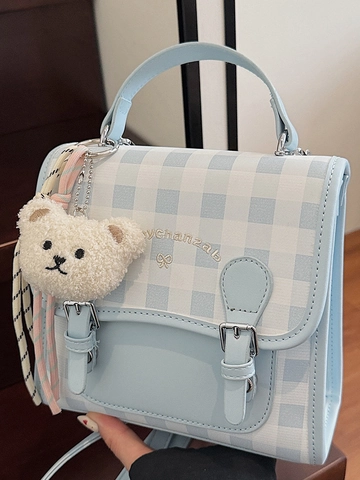 Casual Geruit Patroon Kleine Rugzak Voor Dames PU Leer Mode Handtas Met Pluche Beer Hanger Multi-Way Schooltas