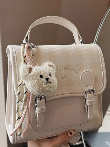 Casual Geruit Patroon Kleine Rugzak Voor Dames PU Leer Mode Handtas Met Pluche Beer Hanger Multi-Way Schooltas