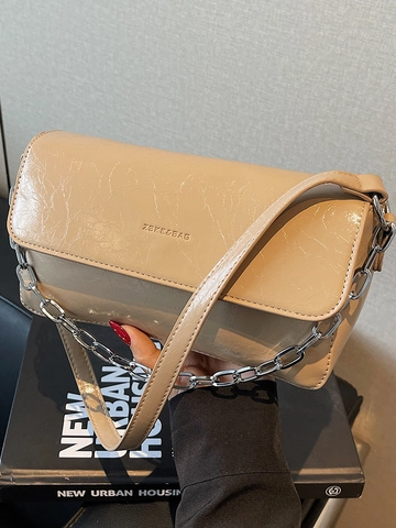 Moda Estiva Borsa Baguette Quadrata con Catena in PU Lucido Increspato Borsa Sottobraccio Tracolla per Donna Quotidiano