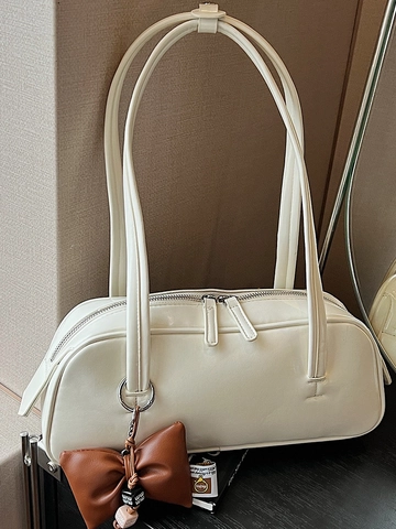 Women's PU Leather Baguette Shoulder Bag Urban Minimalist Underarm Handbag With Bow Charm Solid Color Rectangular Commuter Purse