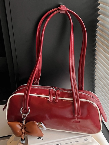 Women's PU Leather Baguette Shoulder Bag Urban Minimalist Underarm Handbag With Bow Charm Solid Color Rectangular Commuter Purse