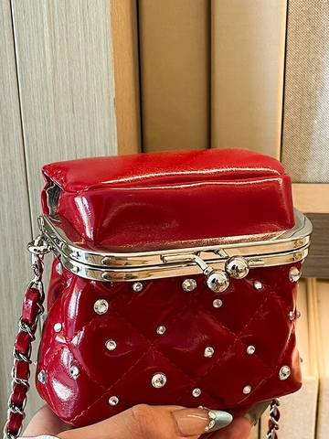 Dames Mini Gewatteerde PU Leren Schoudertas Strass Versierde Crossbody Tas Ketting Kussluiting Box Tas Voor Feest