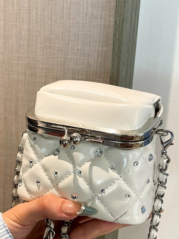 Dames Mini Gewatteerde PU Leren Schoudertas Strass Versierde Crossbody Tas Ketting Kussluiting Box Tas Voor Feest