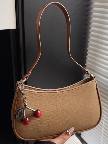 Sac Sous le Bras en Cuir PU à la Mode pour Femmes Avec Pendentif Cerise Sac à Épaule Vintage Demi-Lune Petit Sac Carré