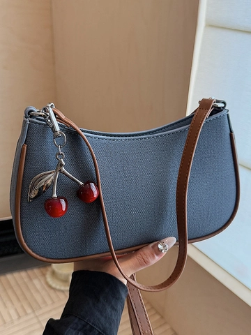 Sac Sous le Bras en Cuir PU à la Mode pour Femmes Avec Pendentif Cerise Sac à Épaule Vintage Demi-Lune Petit Sac Carré