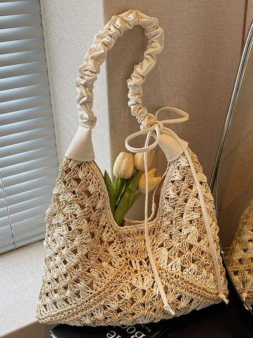 Borsa a Tracolla da Donna in Paglia Intrecciata a Grande Capacità Borsa Tote Traforata Fatta a Mano con Manico a Nuvola Increspato Borsa Mare