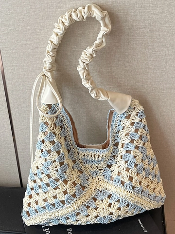 Borsa a Tracolla da Donna in Paglia Intrecciata a Grande Capacità Borsa Tote Traforata Fatta a Mano con Manico a Nuvola Increspato Borsa Mare
