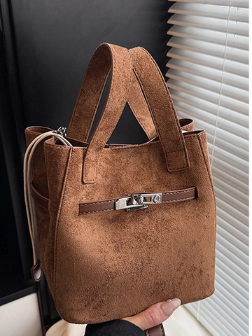Borsa a Secchiello da Donna in Tessuto Scamosciato Vintage Chiusura in Metallo Borsa a Tracolla Grande Capacità Minimalista per Donna