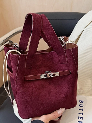 Borsa a Secchiello da Donna in Tessuto Scamosciato Vintage Chiusura in Metallo Borsa a Tracolla Grande Capacità Minimalista per Donna