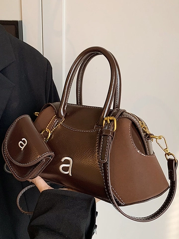 Bolso de Hombro Boston de Cuero PU Retro para Mujer Con Mini Bolsa Costuras de Contraste Decoración de Letras