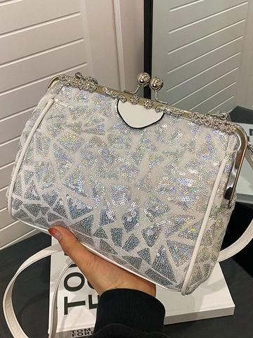 Vintage Dames Schoudertas met Geometrische Pailletten en Retro Clipsluiting Kleine Vierkante Handtas voor Feestjes