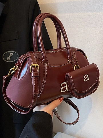Bolso de Hombro Boston de Cuero PU Retro para Mujer Con Mini Bolsa Costuras de Contraste Decoración de Letras