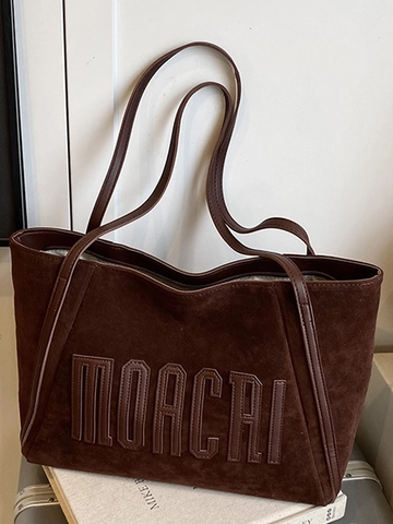 Minimalist Large Capacity PU Tote Bag For Women Vintage Suede Texture Letter Applique Shoulder Bag With Elephant Pendant Daily Commute Purse