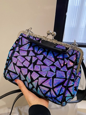 Women Vintage Sequin Kiss Lock Shoulder Bag Geometric Patchwork Crossbody Purse Retro Doctors Handbag For Daily Party