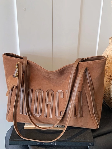 Minimalist Large Capacity PU Tote Bag For Women Vintage Suede Texture Letter Applique Shoulder Bag With Elephant Pendant Daily Commute Purse