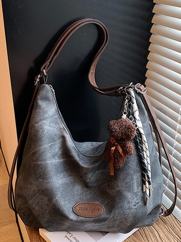 Bolso Tote de Cuero PU de Gran Capacidad Vintage para Mujer Bolso de Hombro Hobo Suave Con Colgante de Oso Handbag Simple