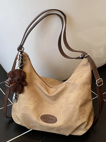 Bolso Tote de Cuero PU de Gran Capacidad Vintage para Mujer Bolso de Hombro Hobo Suave Con Colgante de Oso Handbag Simple