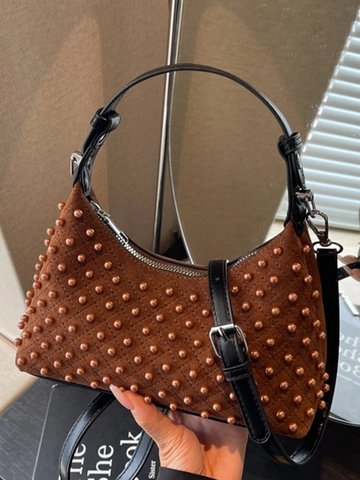Damen Mode Nieten Perlen Besetzte Hobo Tasche Retro Wildleder PU Leder Halbmond Schultertasche Unterarm Handtasche Mit Verstellbarem Gurt