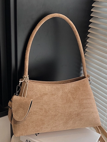 Vintage Suede Underarm Shoulder Bag For Women Urban Simple Solid Color Hobo Handbag With Mini Pouch Casual Tote Bag