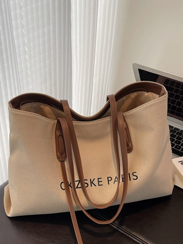 Women's Large Capacity Canvas Tote Bag Minimalist Letter Printed Shoulder Bag Casual Commuter Handbag For Students