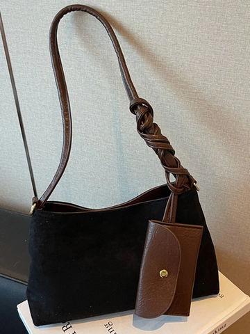 Sac à Épaule Vintage en Suédine pour Femmes Minimaliste Sac Composite Fourre-tout Sous l'Aisselle Avec Bandoulière Nouée et Petite Pochette