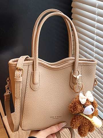 Women Stylish Color Blocking PU Leather Bucket Bag Trendy Litchi Pattern Tote With Bear Pendant Shoulder Crossbody Bag
