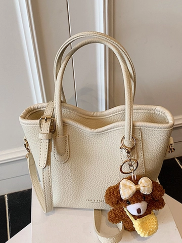 Women Stylish Color Blocking PU Leather Bucket Bag Trendy Litchi Pattern Tote With Bear Pendant Shoulder Crossbody Bag