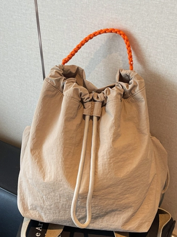 Mochila de Nailon con Cordón para Mujer Gran Capacidad Ligera Asa Tejida en Contraste Estilo Coreano Bolso de Cubo para Viaje Escuela