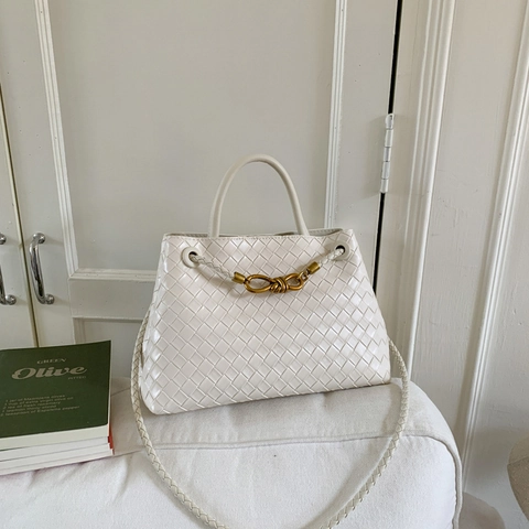 Women's Woven PU Leather Handbag With Metal Knot Detail Retro Minimalist Shoulder Crossbody Bag High Quality Tote Purse