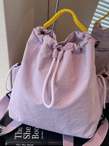 Mochila de Nailon con Cordón para Mujer Gran Capacidad Ligera Asa Tejida en Contraste Estilo Coreano Bolso de Cubo para Viaje Escuela