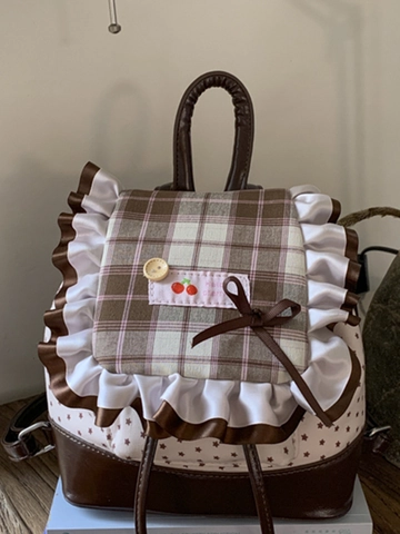 Zainetto Mini in Gingham Dolce Giapponese per Donna in Pelle PU Patchwork con Motivo a Stelle e Ricamo Ciliegia Borsa da Viaggio Piccola