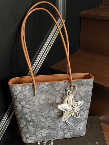 Women Large Capacity Floral Printed Canvas Tote Bag Minimalist Casual Shoulder Bag Work Commute Bag With Star Charm