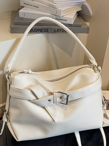 Large Capacity Pebbled PU Leather Shoulder Bag For Women Retro Tote Handbag With Decorative Belt Buckle And Zipper Closure
