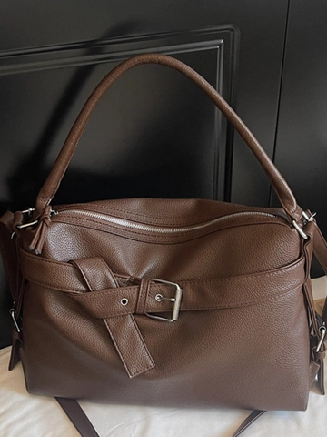 Large Capacity Pebbled PU Leather Shoulder Bag For Women Retro Tote Handbag With Decorative Belt Buckle And Zipper Closure