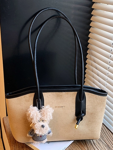 Bolso Tote de Gran Capacidad de Gamuza Sintética PU para Mujer Bolso de Hombro Vintage Con Colgante de Perro de Peluche Bolso de Mano