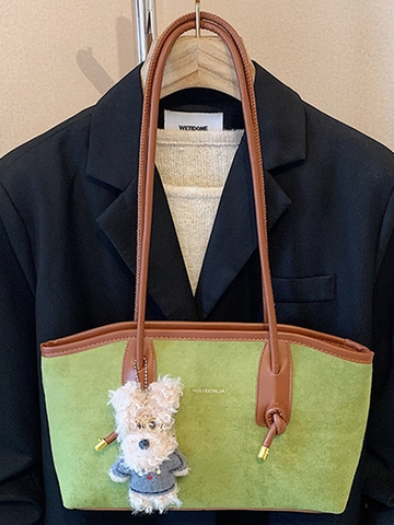 Bolso Tote de Gran Capacidad de Gamuza Sintética PU para Mujer Bolso de Hombro Vintage Con Colgante de Perro de Peluche Bolso de Mano