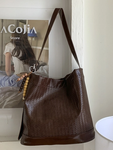 Damen Web Eimer Tasche PU Leder Handgewebte Schultertasche Mit Holzperlen Quaste Vintage Umhängetasche Fashion Hobo Bag