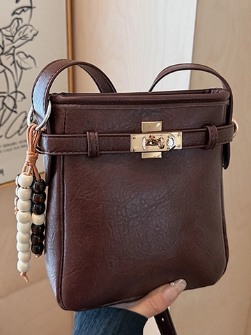 Women Litchi Grain PU Leather Small Square Bag Retro Shoulder Crossbody Bag With Metal Turn Lock And Beaded Pendant