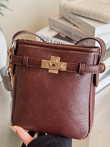 Women Litchi Grain PU Leather Small Square Bag Retro Shoulder Crossbody Bag With Metal Turn Lock And Beaded Pendant