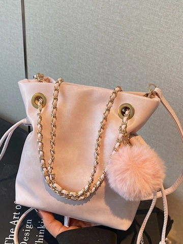 PU Leren Emmertas Met Pluchen Bal Hanger Kettingriem Trekkoord Crossbody Schoudertas Casual Dagelijkse Stedelijke Handtas