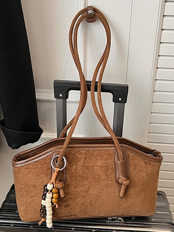 Sac Fourre-tout en Suède Vintage pour Femmes Grande Capacité Sac à Épaule avec Pendentif en Perles Style Rétro Élégant